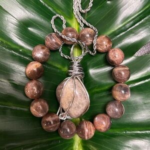 BLACK MOONSTONE SUNSTONE wire wrapped crystal pendant bracelet & necklace set